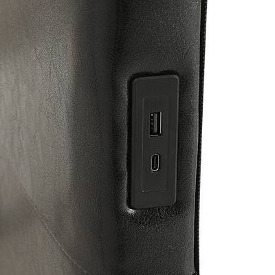 Close-up of charge ports built into the Manly Double LED Bed Frame With Charge Ports Black in premium PVC leather upholstery.