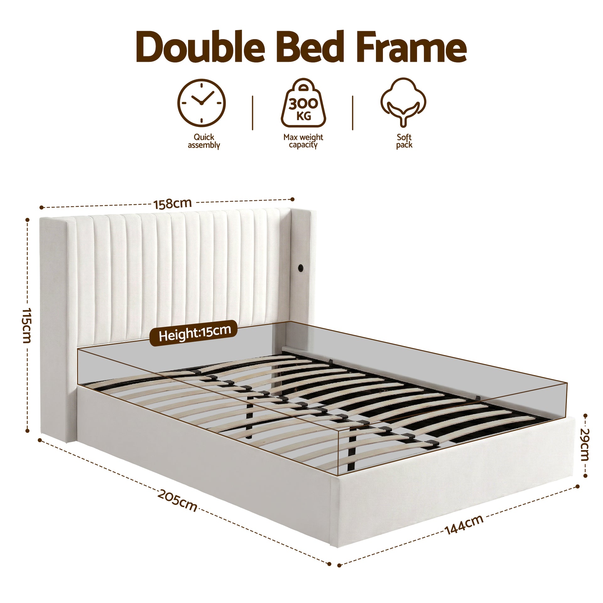 Aria Vertical Tufted Double Gas Lift Storage Bed Frame – White
