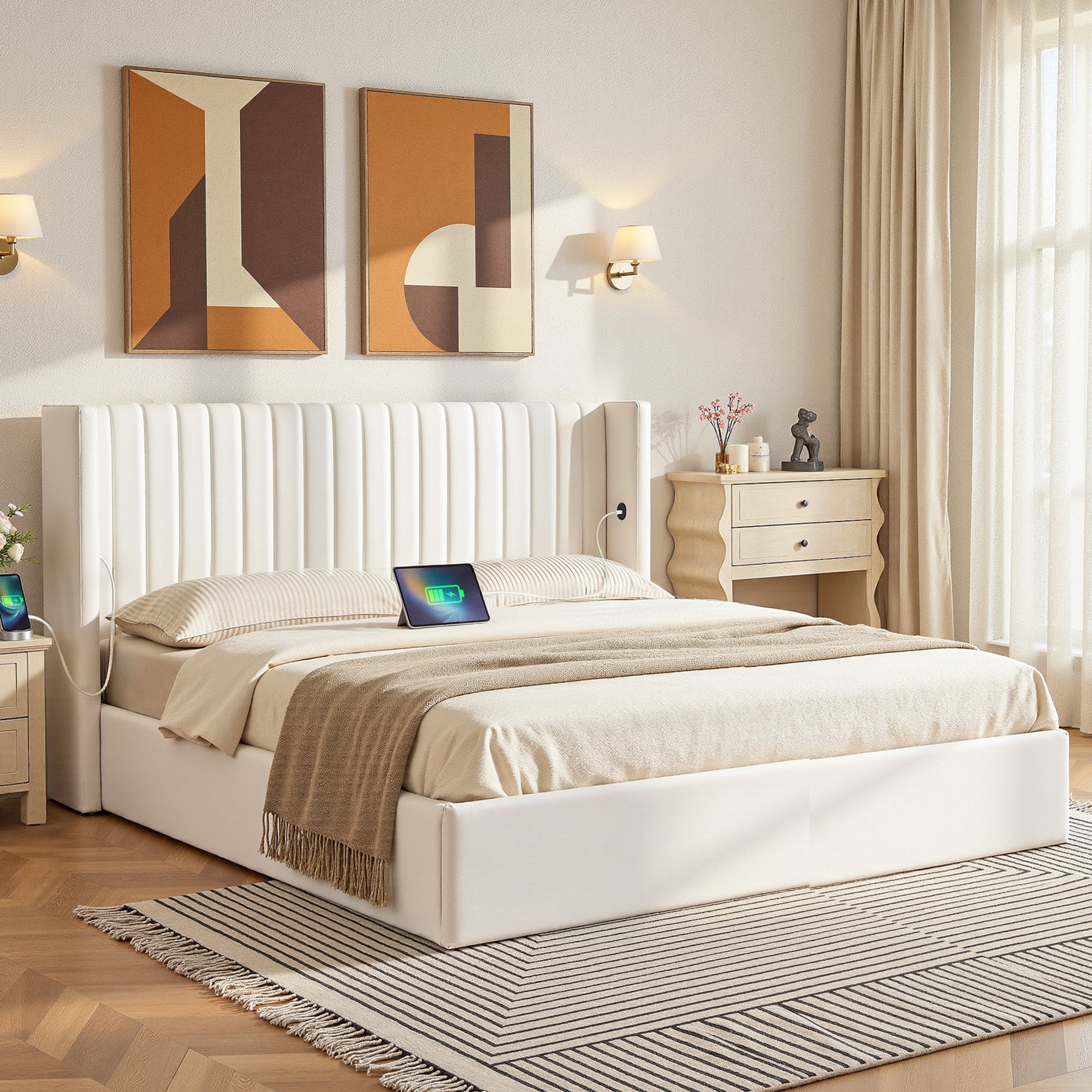 Aria Vertical Tufted King Gas Lift Storage Bed Frame – White