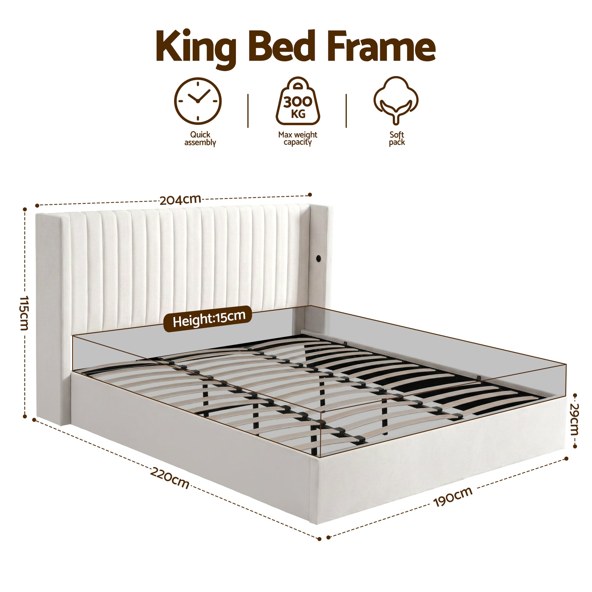 Aria Vertical Tufted King Gas Lift Storage Bed Frame – White