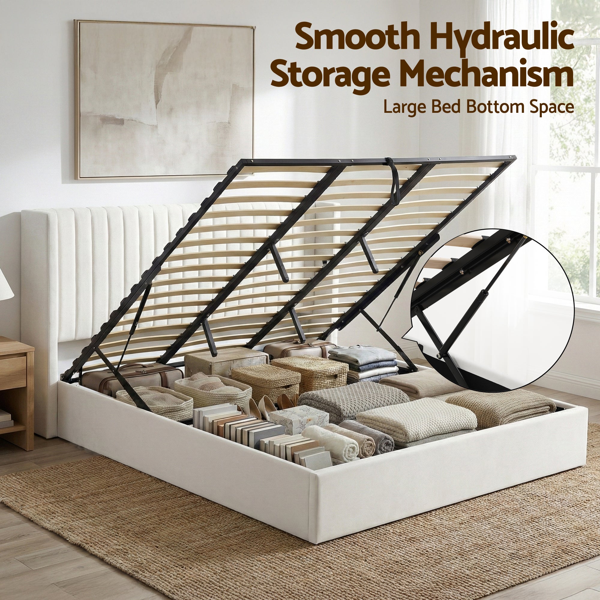 Aria Vertical Tufted King Gas Lift Storage Bed Frame – White