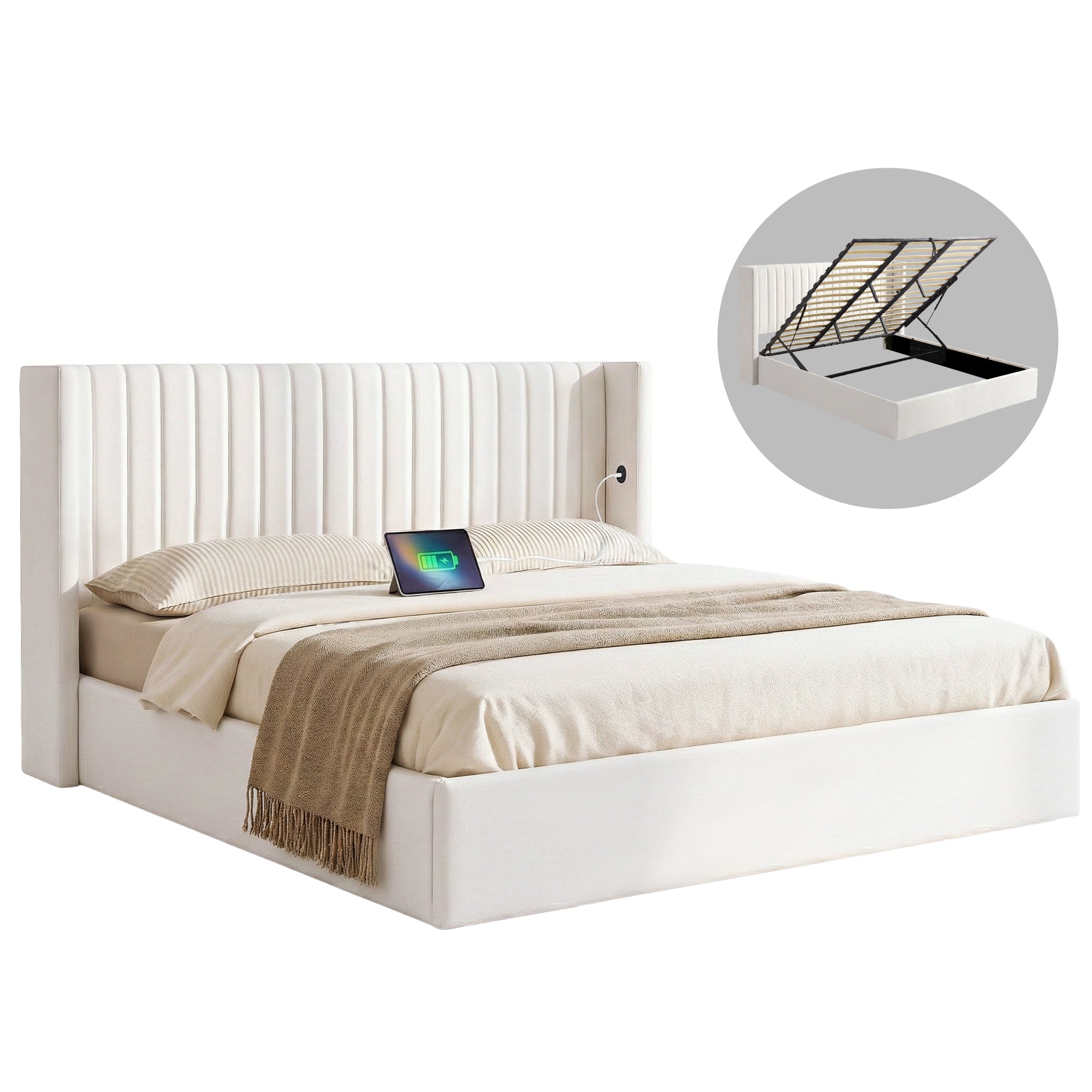 Aria Vertical Tufted King Gas Lift Storage Bed Frame – White