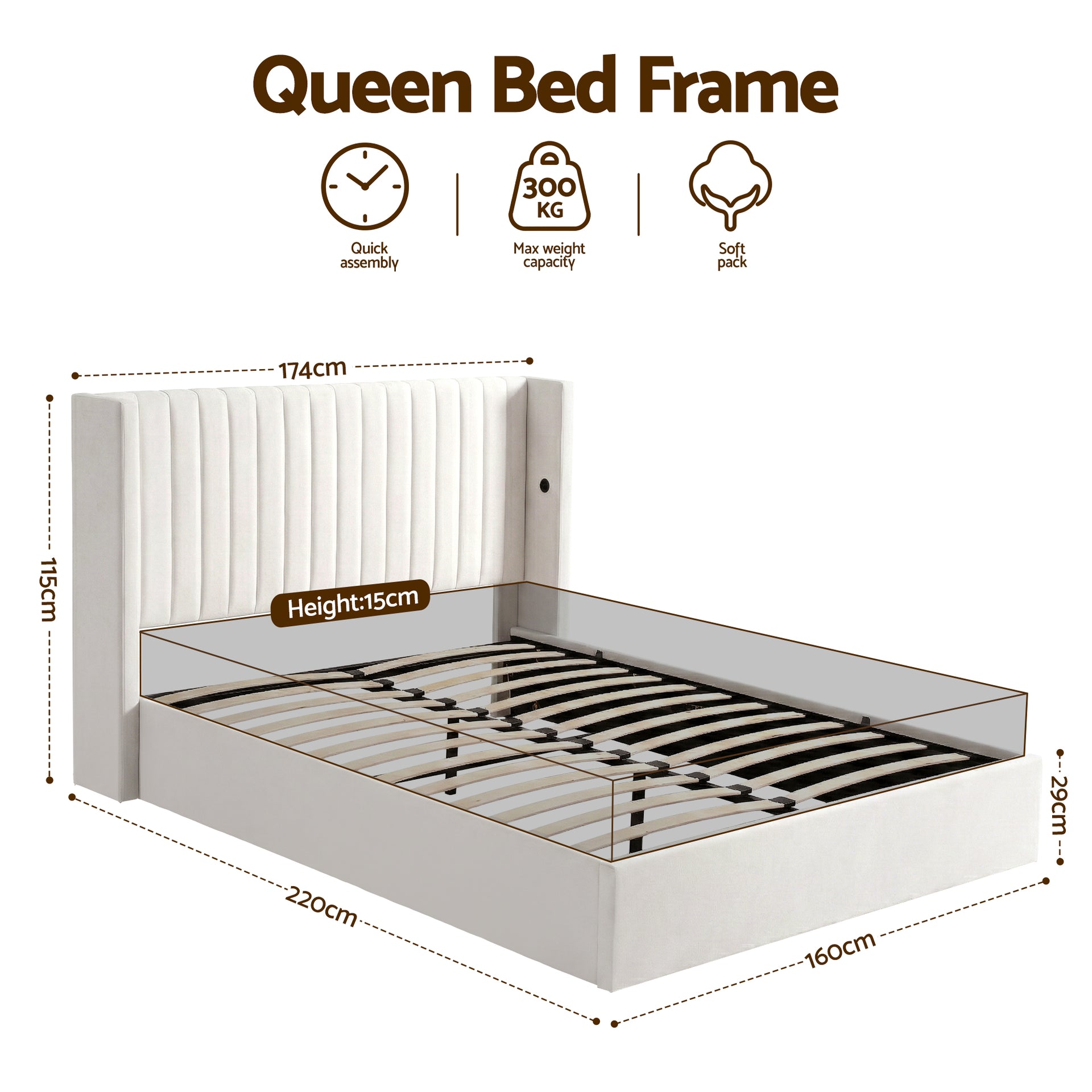 Aria Vertical Tufted Queen Gas Lift Storage Bed Frame – White