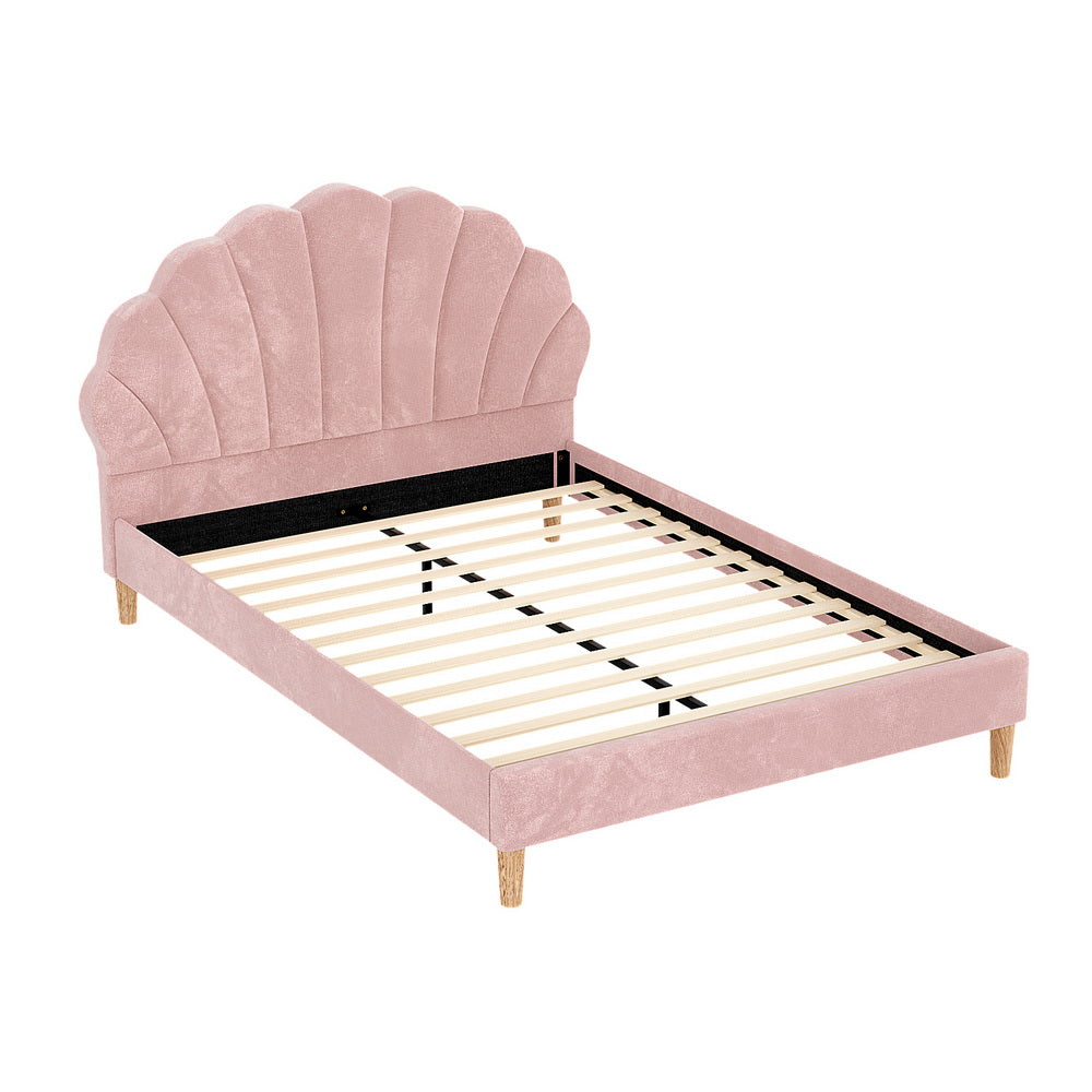 Rosie Double Bed Frame - Pink Velvet with scallop headboard, wooden legs, and upholstered base in soft pink velvet bedroom furniture