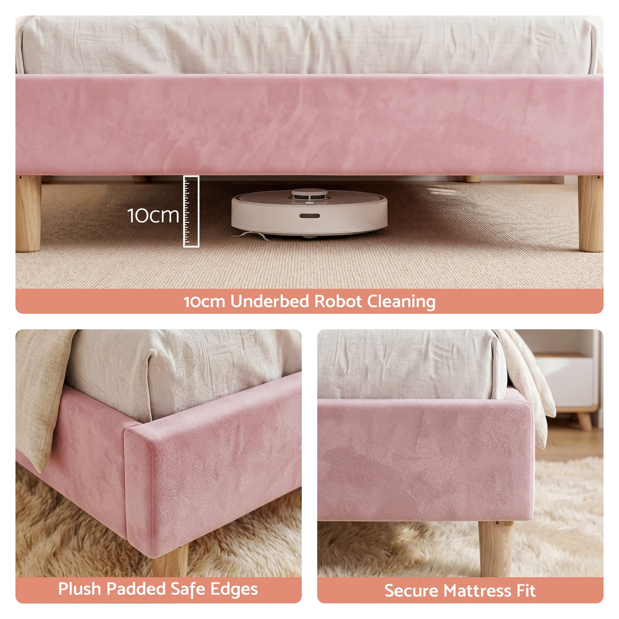 Single Bed Frame Scallop Upholstered Headboard Pink Velvet Platform Base Support up to 180kg