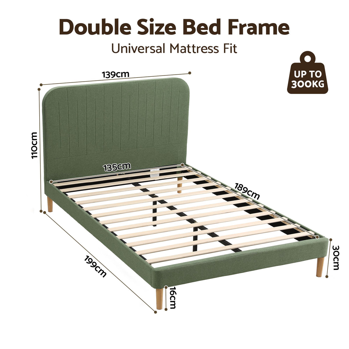 Double Bed Frame with Padded Headboard, 300kg Capacity - Green Fabric