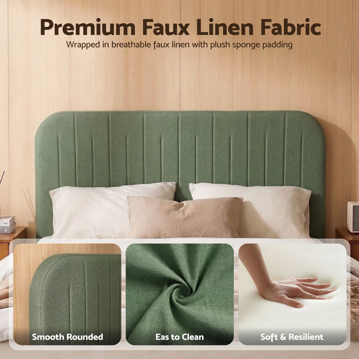 Double Bed Frame with Padded Headboard, 300kg Capacity - Green Fabric