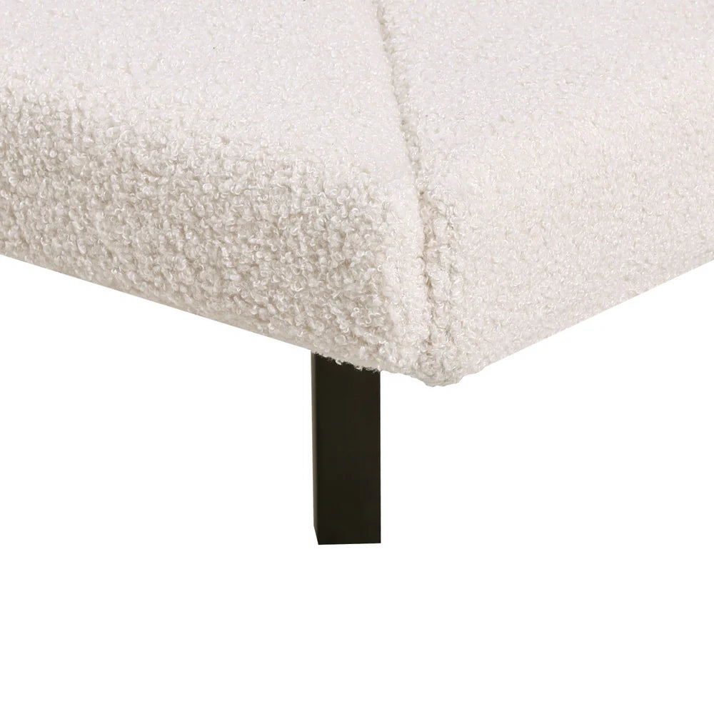 Single Premium Package | close-up of beige Sasa LED Boucle Bed Frame corner with black leg, part of bed and mattress set