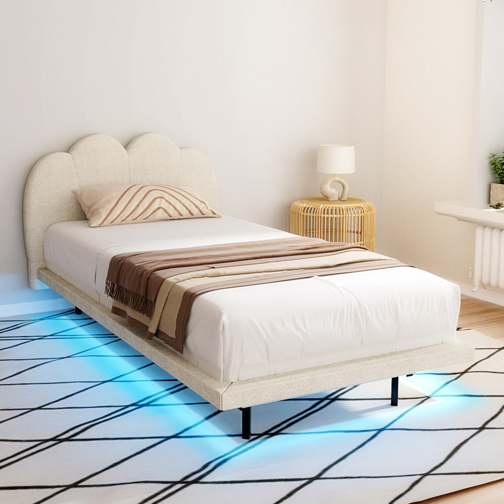 Sasa Single LED Bed Frame - Beige Boucle Fabric-1