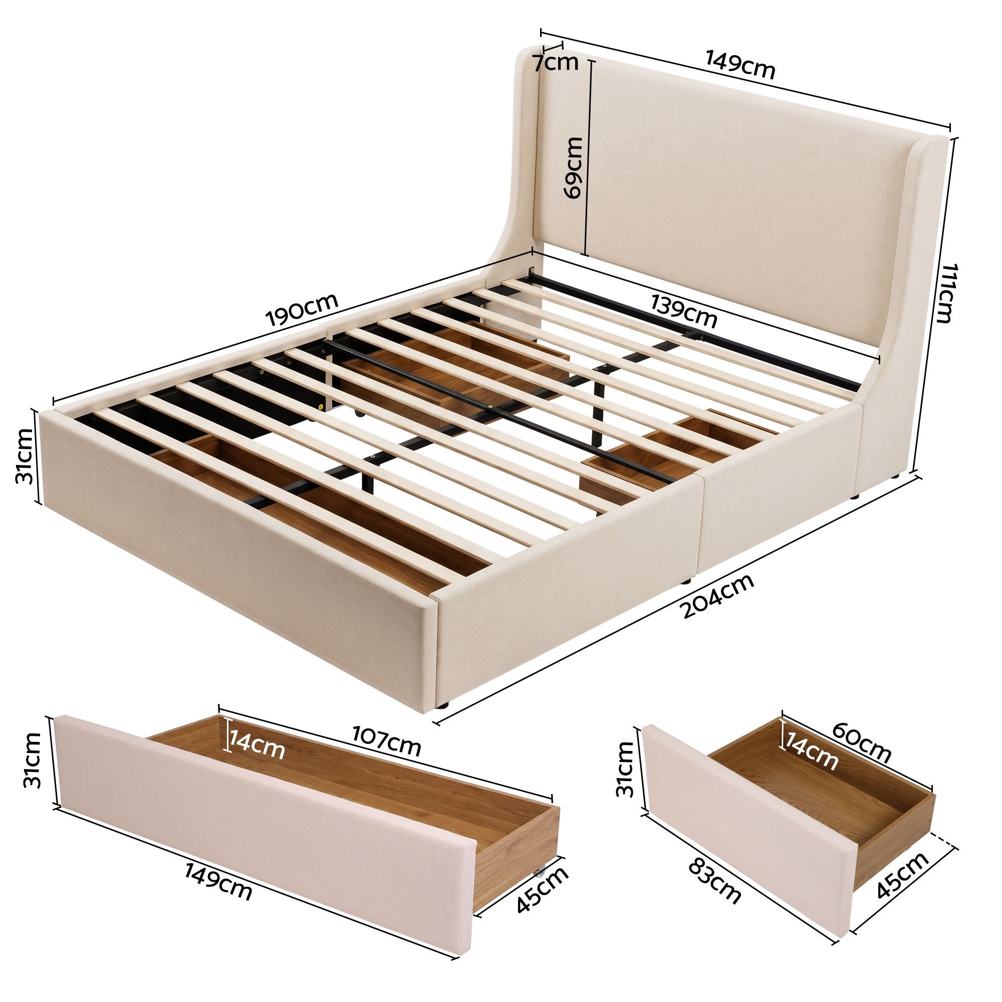 Double Upholstered Bed Frame with 3 Storage Drawers Wingback Headboard Heavy Duty Metal Platform Base