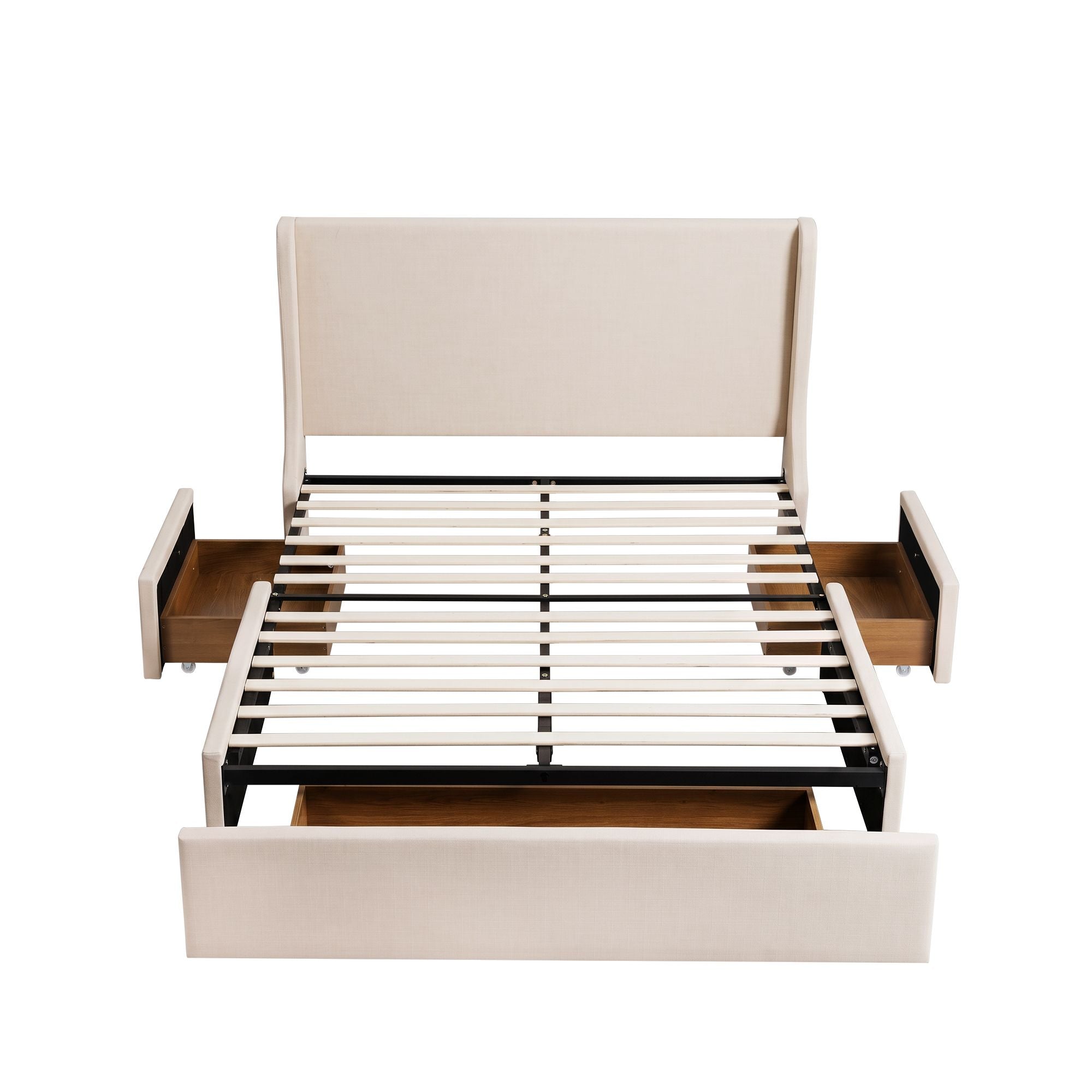 Double Upholstered Bed Frame with 3 Storage Drawers Wingback Headboard Heavy Duty Metal Platform Base
