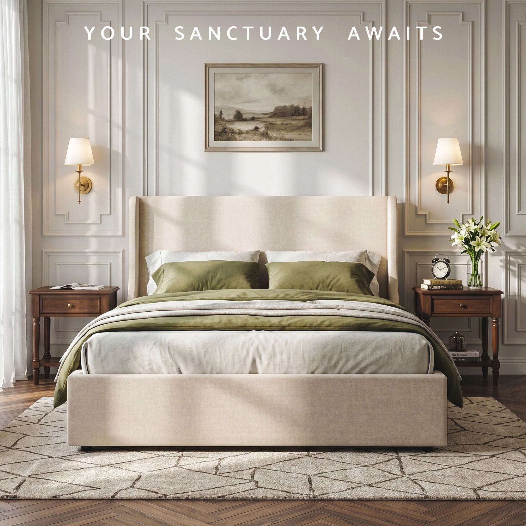 Double Upholstered Bed Frame with 3 Storage Drawers Wingback Headboard Heavy Duty Metal Platform Base
