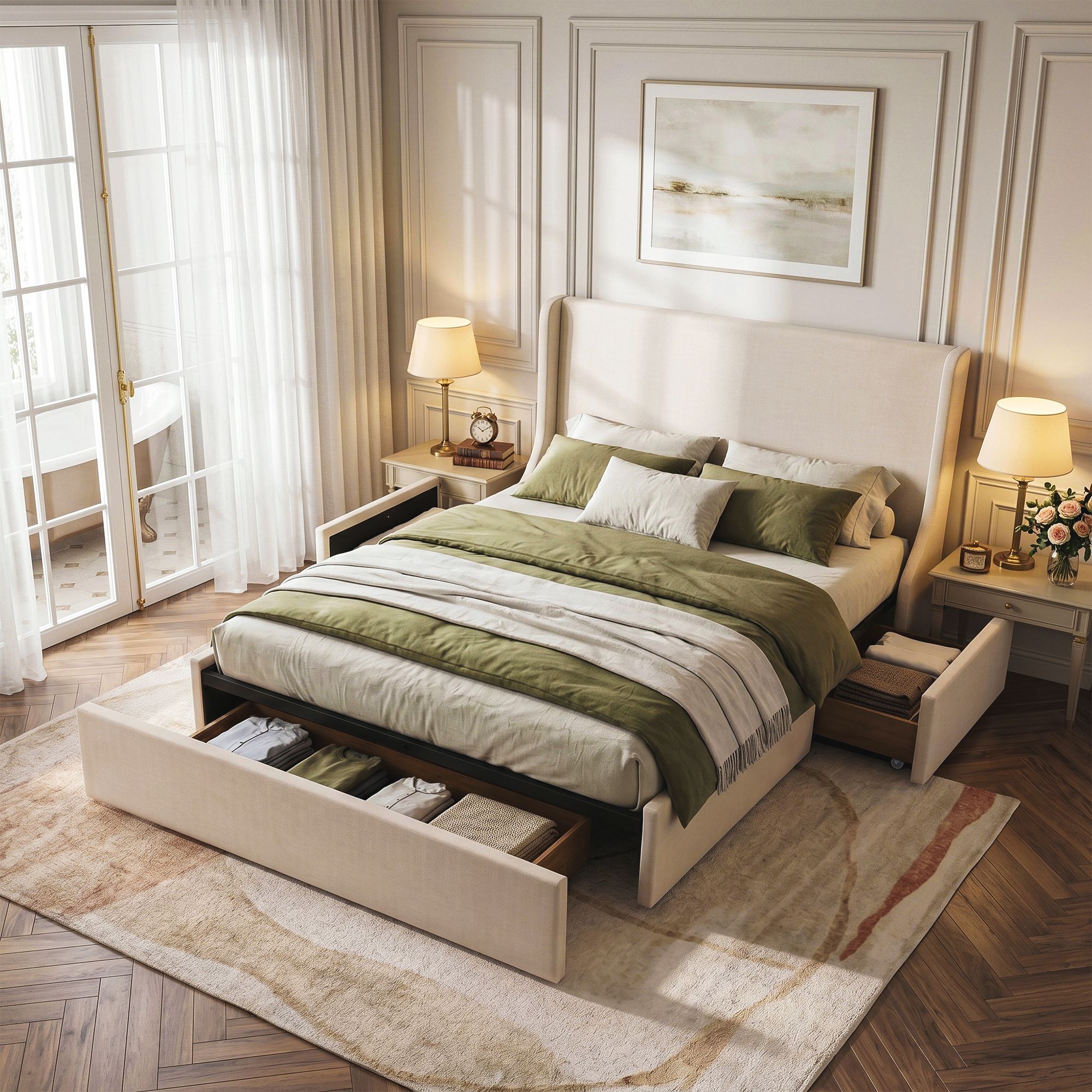 King Upholstered Bed Frame with 3 Storage Drawers Wingback Headboard Heavy Duty Metal Platform Base
