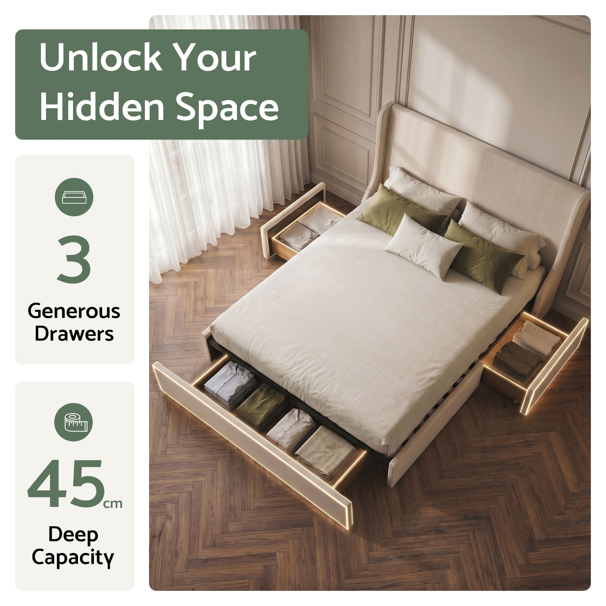 King Upholstered Bed Frame with 3 Storage Drawers Wingback Headboard Heavy Duty Metal Platform Base
