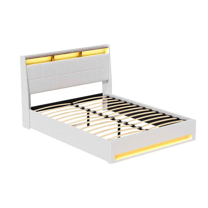 Sunset Double Gas Lift Bed Frame with LED Lights & Storage – White, upholstered, with wooden slats and built-in LED lighting