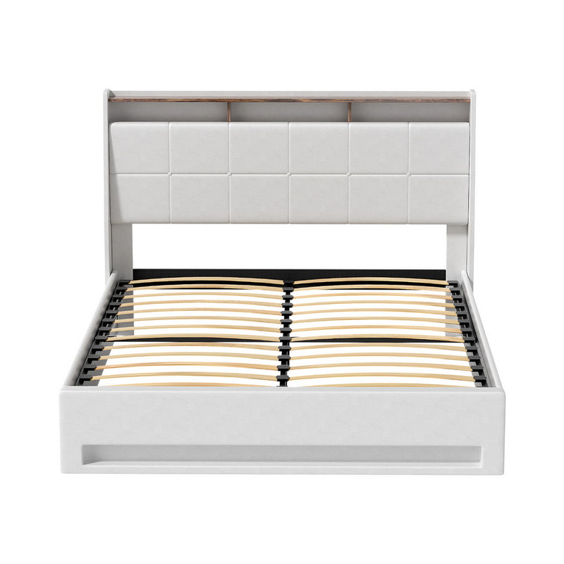 Sunset Double Gas Lift Bed Frame with LED Lights & Storage – White upholstered frame with wooden slats and padded headboard