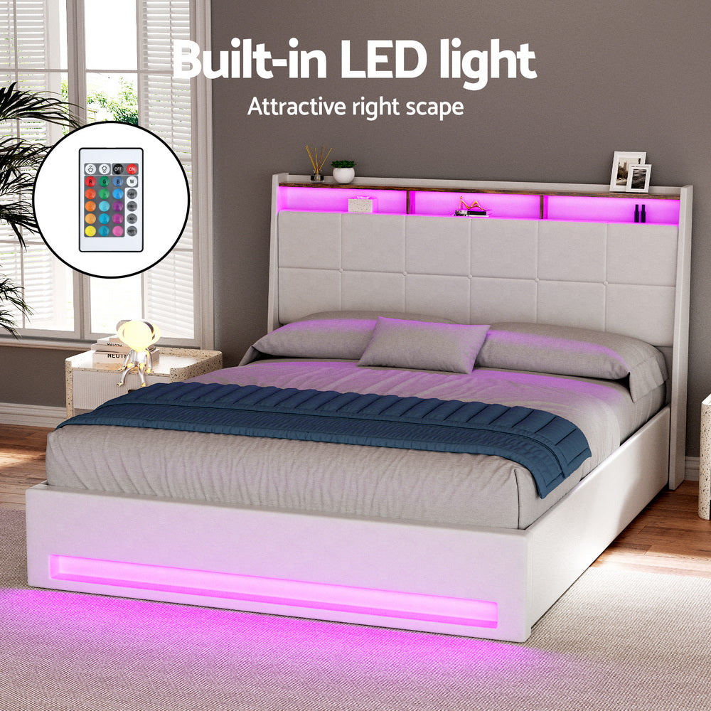 Sunset Double Gas Lift Bed Frame with LED Lights & Storage – White