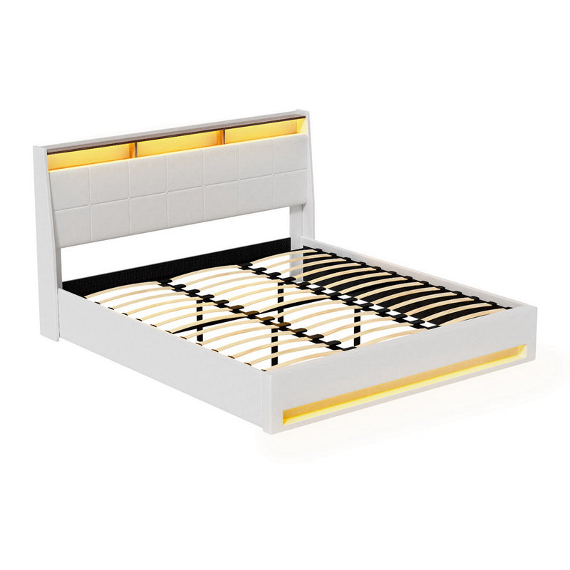 Sunset King Gas Lift Bed Frame with LED Lights & Storage – White upholstered bed frame with wooden slats and illuminated headboard and base panels