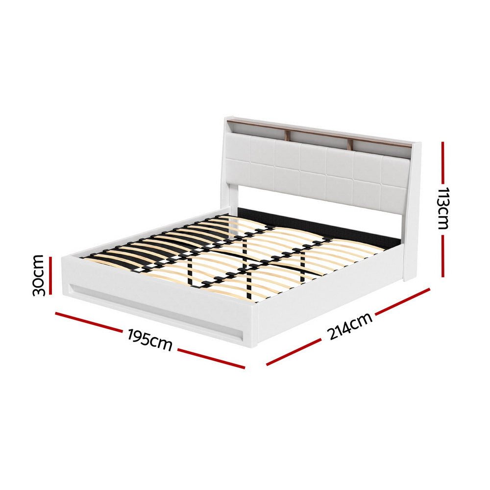 Sunset King Gas Lift Bed Frame with LED Lights & Storage – White