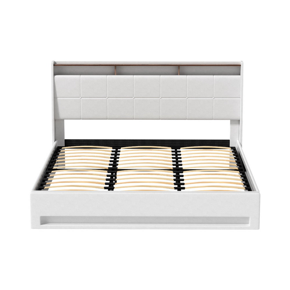 Sunset King Gas Lift Bed Frame with LED Lights & Storage – White upholstered frame with wooden slats and storage base on white background