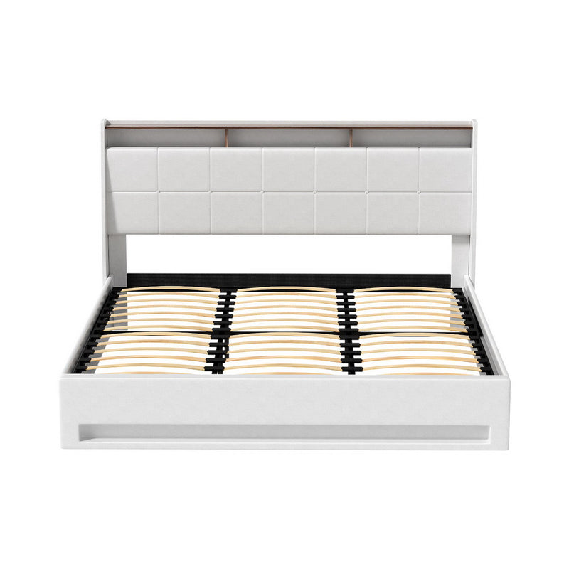 Sunset King Gas Lift Bed Frame with LED Lights & Storage – White upholstered frame with wooden slats and storage base on white background