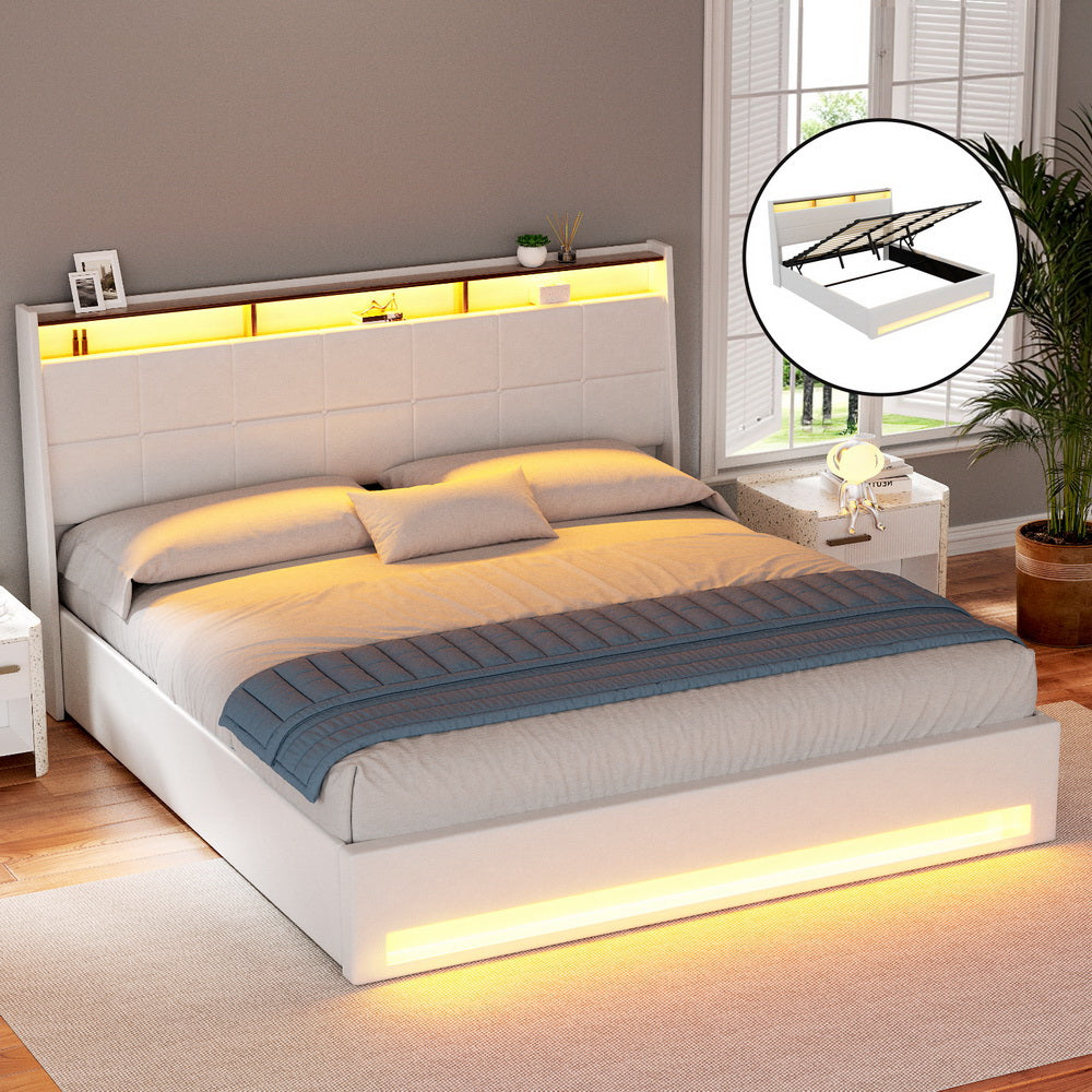 Sunset King Gas Lift Bed Frame with LED Lights & Storage – White upholstered bed with built-in lighting and hidden storage compartments