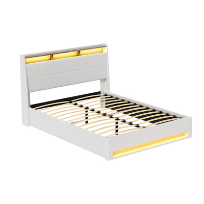 Sunset Queen Gas Lift Bed Frame with LED Lights & Storage – White