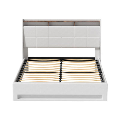 Sunset Queen Gas Lift Bed Frame with LED Lights & Storage – White