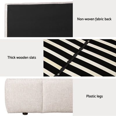 Aldinga Double Bed Frame Beige with non-woven fabric back, thick wooden slats, and plastic legs for bedroom furniture