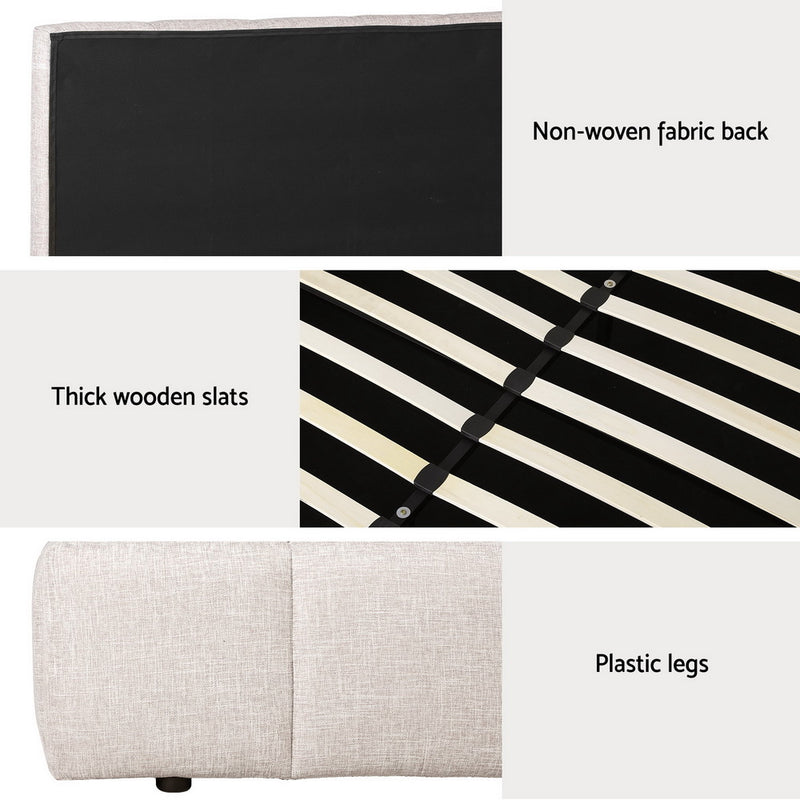 Aldinga Double Bed Frame Beige with non-woven fabric back, thick wooden slats, and plastic legs for bedroom furniture