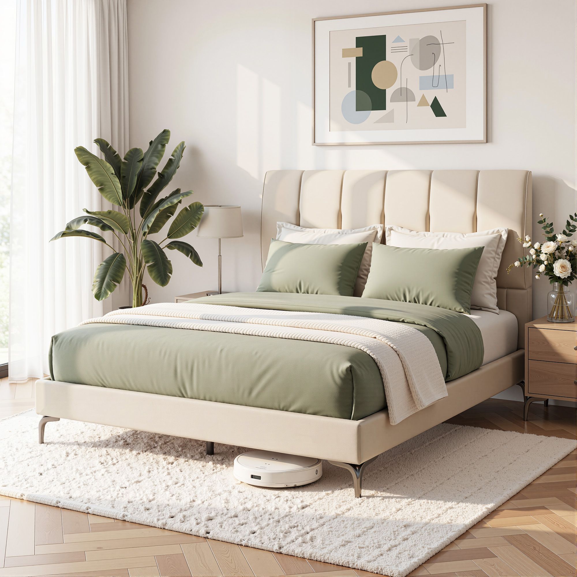 Double Upholstered Platform Bed Frame with Tufted Headboard 300kg Support - Cream White