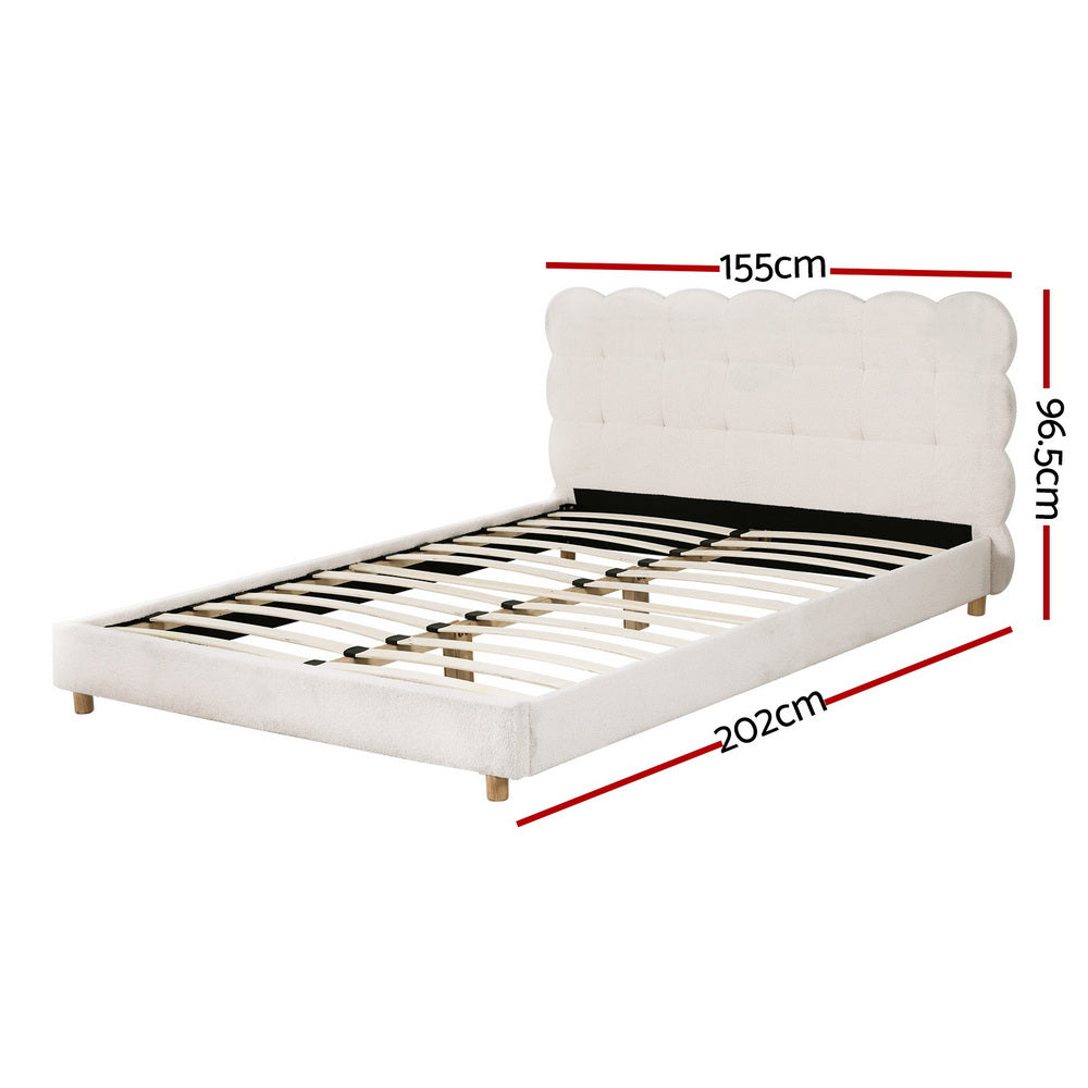Cloud Double Bouclé Bed Frame – White with tufted cloud-shaped headboard and wooden slats, shown with dimensions on white background