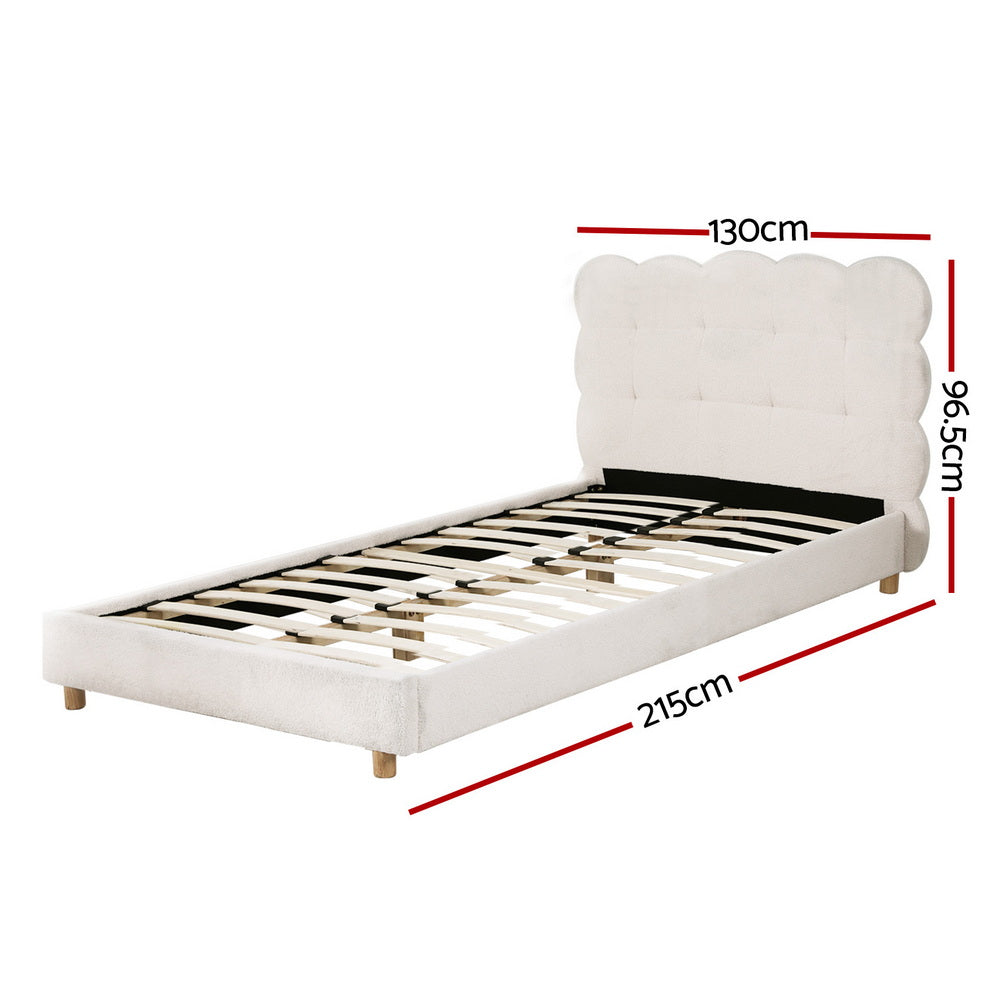 Cloud King Single Bouclé Bed Frame – White with wooden slats, cloud-shaped tufted headboard, and light wood legs on white background