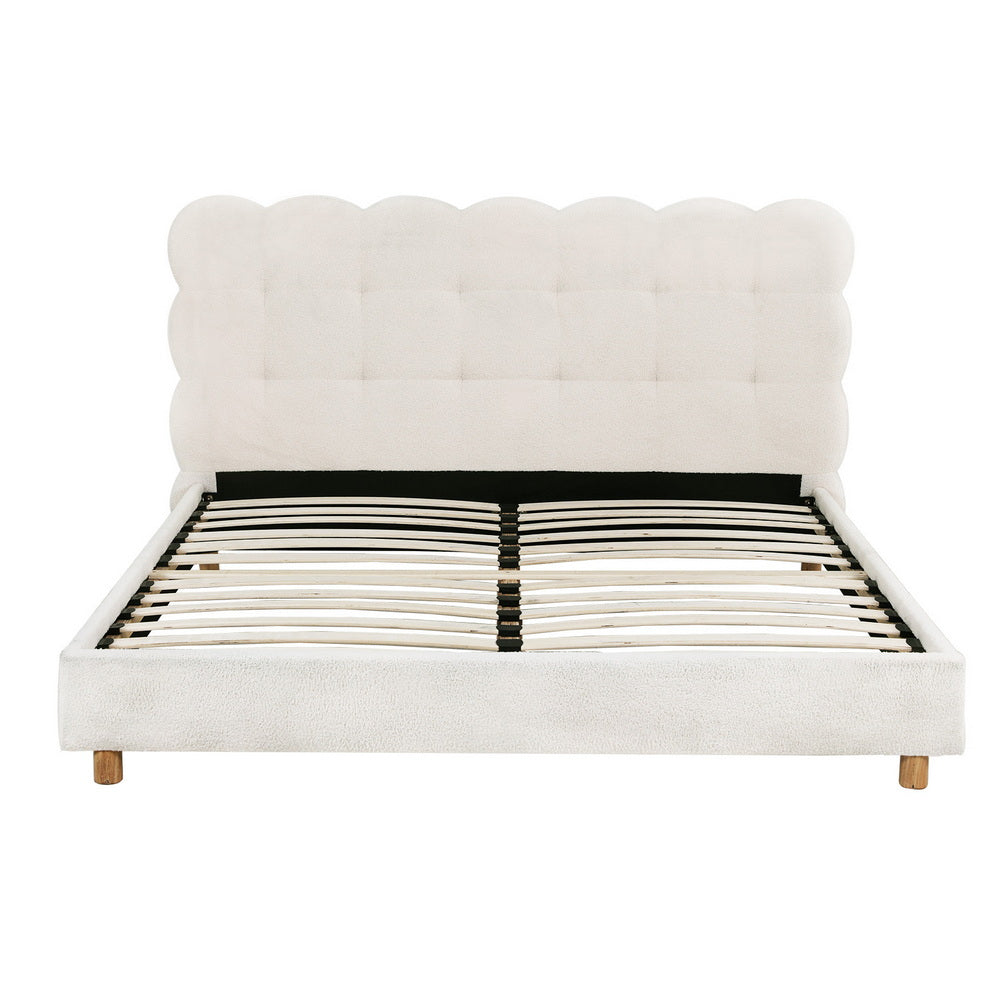 Cloud Queen Bouclé Bed Frame – White with tufted cloud-shaped headboard, wooden slats, and fabric upholstery in bedroom furniture style