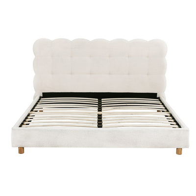 Cloud Queen Bouclé Bed Frame – White with tufted cloud-shaped headboard, wooden slats, and fabric upholstery in bedroom furniture style