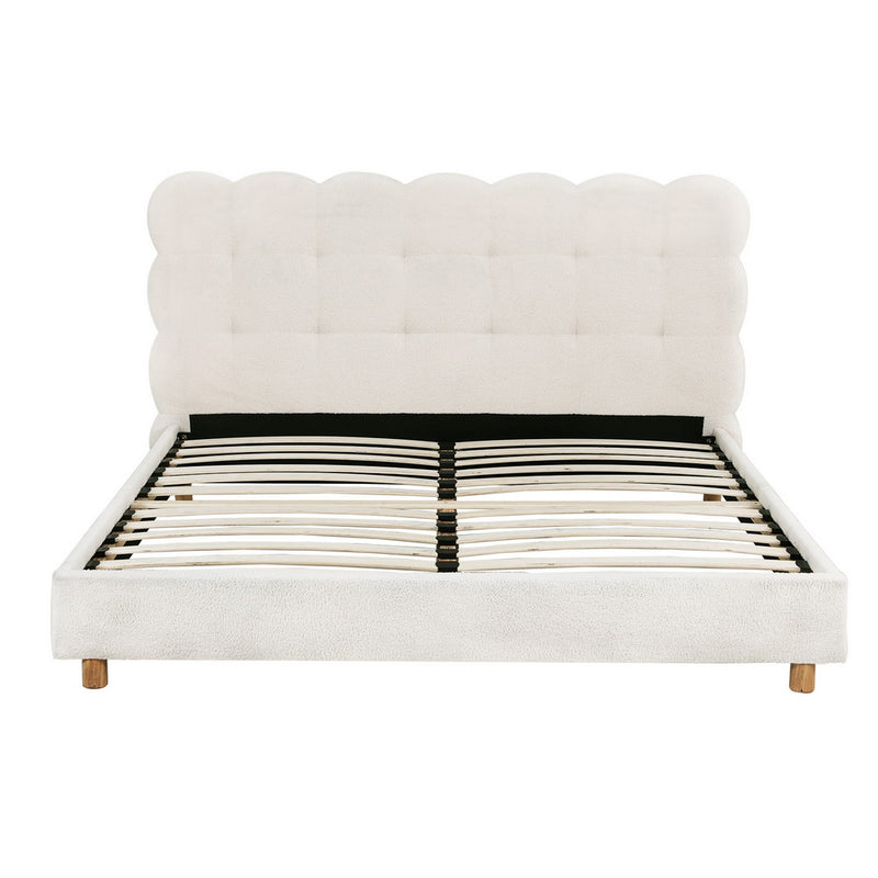 Cloud Queen Bouclé Bed Frame – White with tufted cloud-shaped headboard, wooden slats, and fabric upholstery in bedroom furniture style