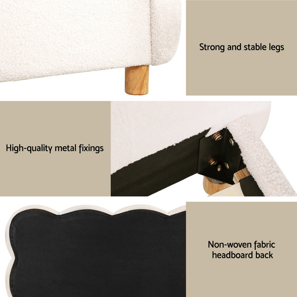 Cloud Queen Bouclé Bed Frame – White showing sturdy wooden legs, metal fixings, and non-woven fabric headboard backing details
