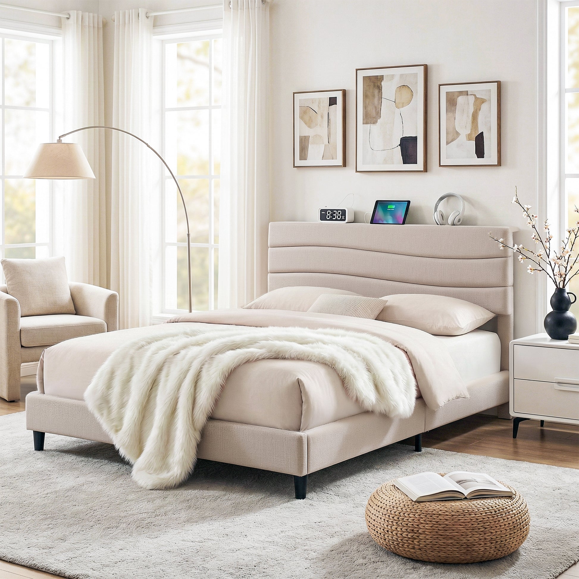 Collaroy Queen Bed Frame with Charging Station - Beige-1