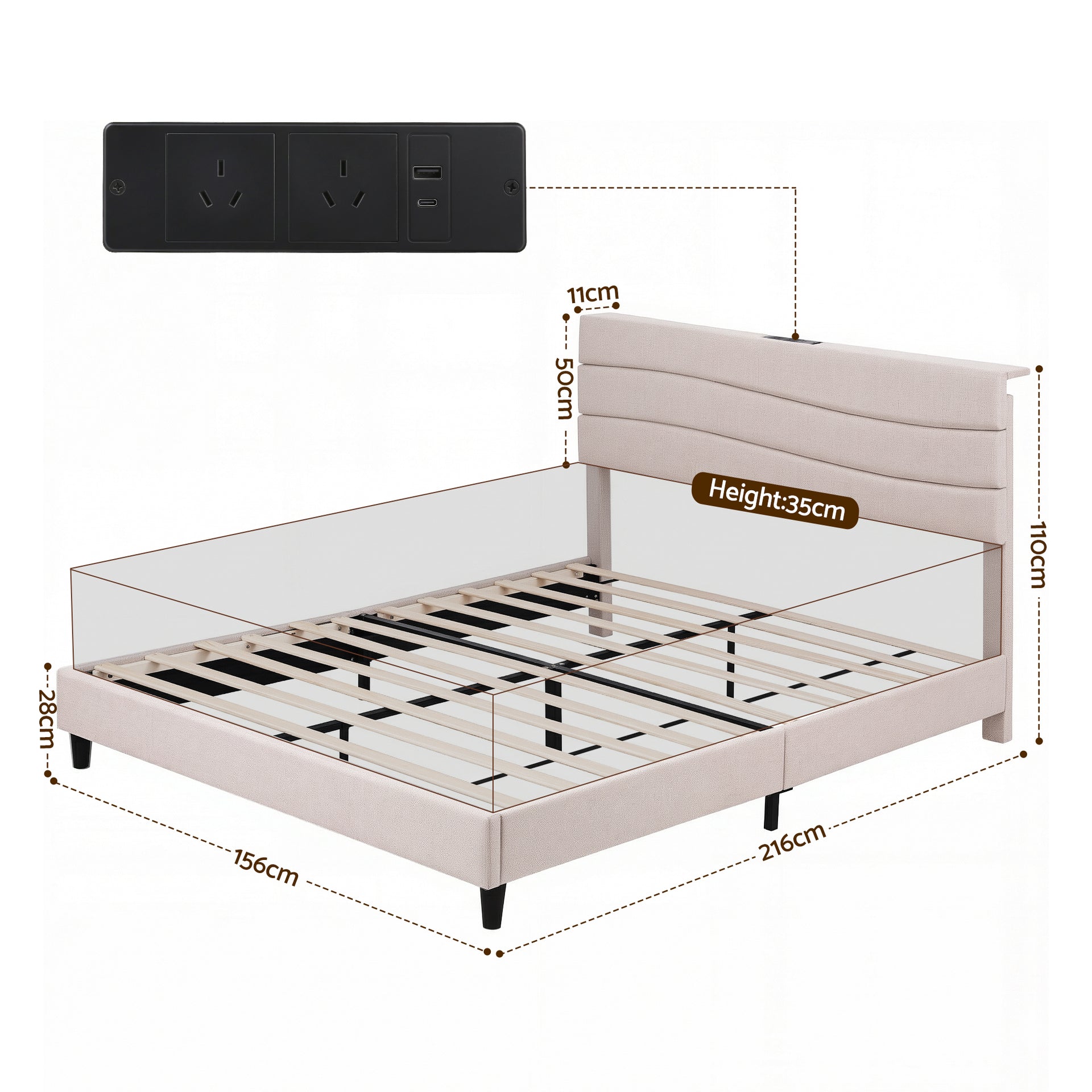 Collaroy Queen Bed Frame with Charging Station - Beige