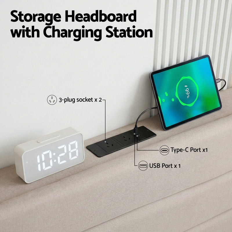 Collaroy Queen Bed Frame with Charging Station - Beige-5