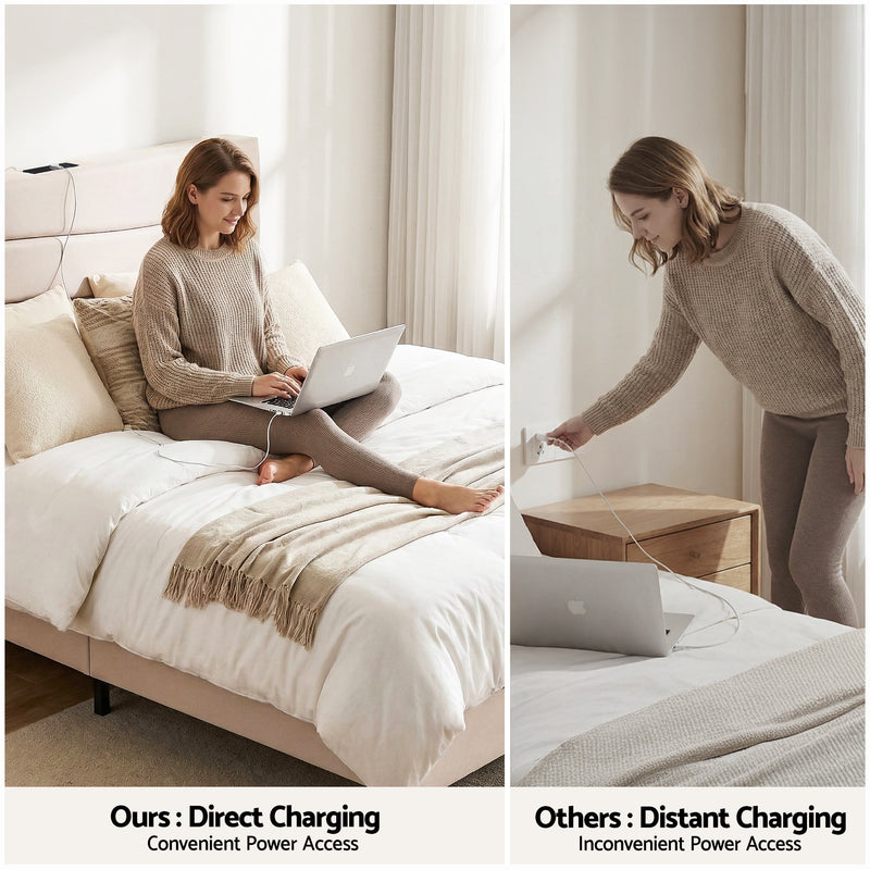 Collaroy Queen Bed Frame with Charging Station - Beige-8