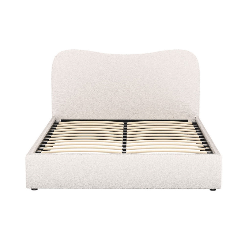Albany Double Boucle Bed Frame - Cream White with curved headboard and wooden slats for bedroom furniture by Bedzy