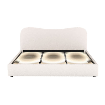 Albany King Boucle Bed Frame - Cream White with tufted headboard and wooden slats, elegant bedroom furniture design