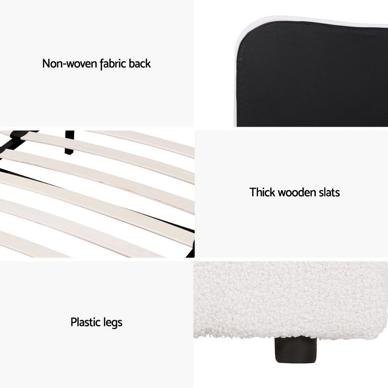 Close-up details of Albany King Boucle Bed Frame - Cream White showing non-woven fabric back, wooden slats, and plastic legs.