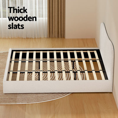 Albany King Boucle Bed Frame - Cream White with sturdy thick wooden slats and upholstered boucle fabric frame in bedroom setting