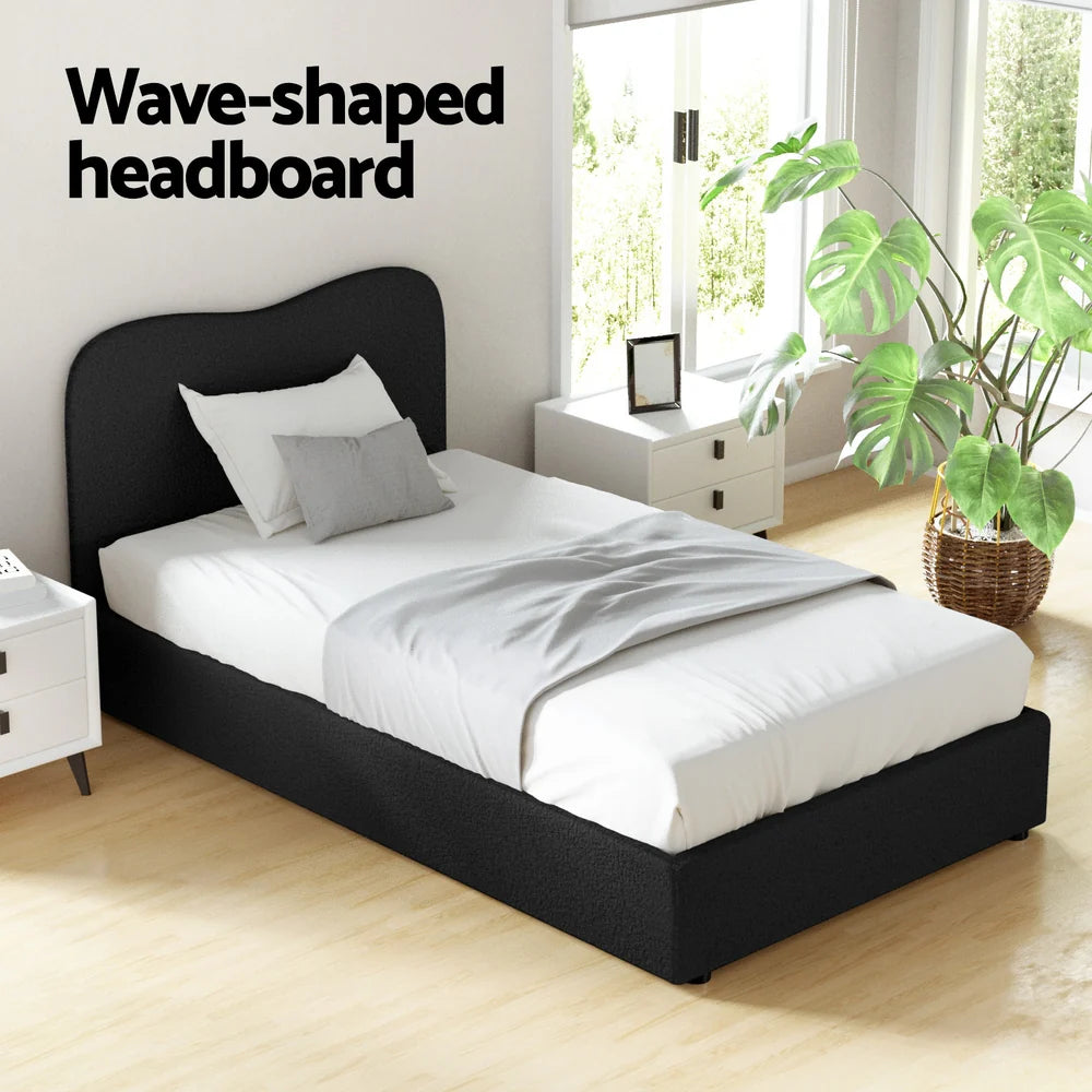 King Single Premium Package | Albany Bouclé Bed Frame Black, Algarve Euro Top Pocket Spring Mattress (Medium Firm) & Pillowtop Mattress Topper