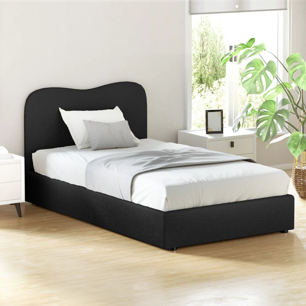 King Single Premium Package | Albany Bouclé Bed Frame Black, Algarve Euro Top Pocket Spring Mattress (Medium Firm) & Pillowtop Mattress Topper