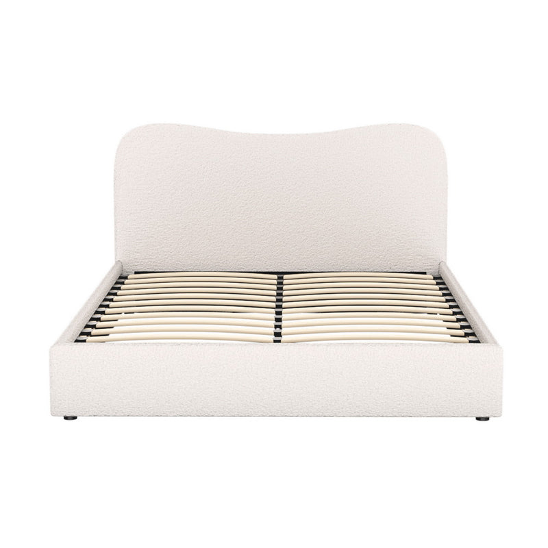 Albany Queen Boucle Bed Frame - Cream White with curved headboard, wooden slats, upholstered in soft boucle fabric