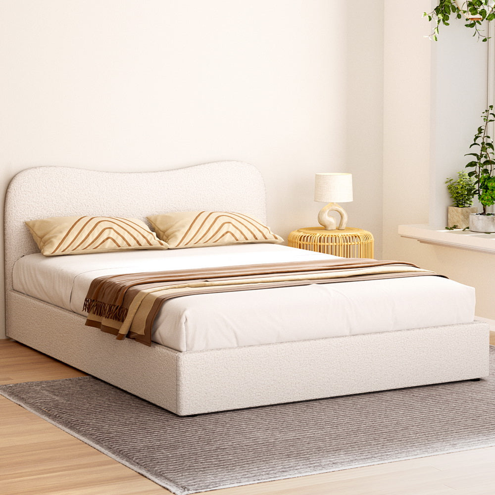 Albany Queen Boucle Bed Frame - Cream White upholstered in boucle fabric with curved headboard in minimalist bedroom setup