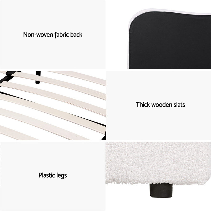 Albany Queen Boucle Bed Frame - Cream White with non-woven back, thick wooden slats, and plastic legs for bedroom furniture